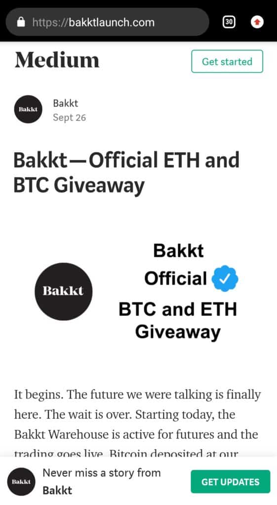 虚假的 Bakkt 赠品骗局用户