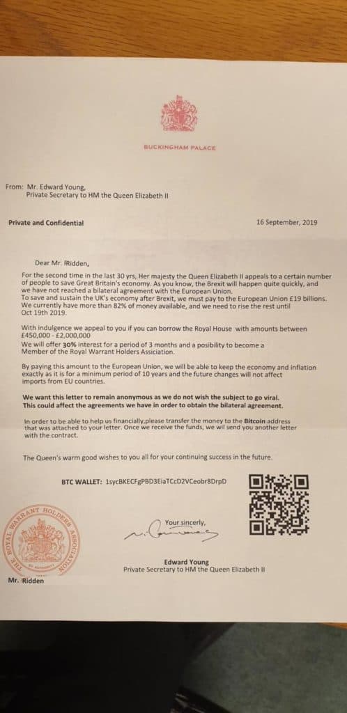 Bitcoin scammers turn to fake Royal letter in the UK 1