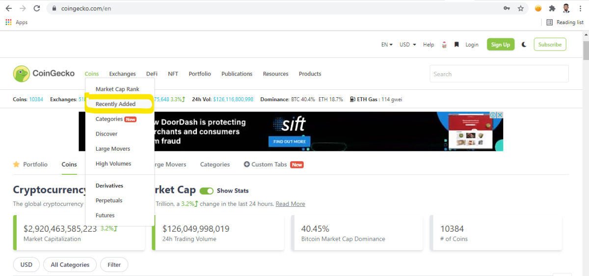 Coingecko.com Recently added new crypto projects