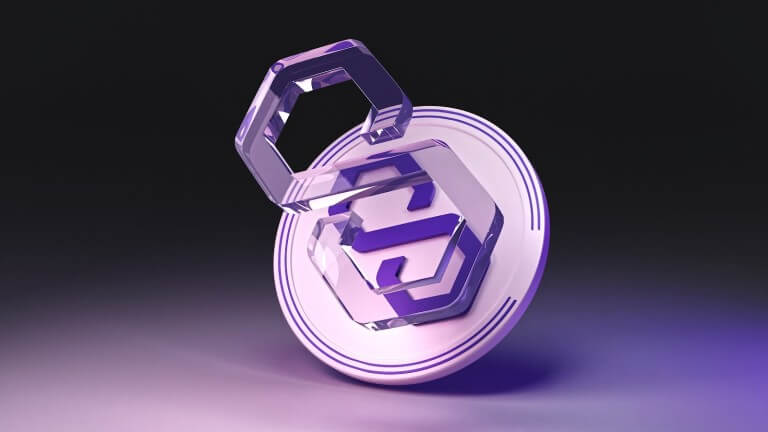 Logo poligonale con moneta MATIC su sfondo scuro. Rendering 3D