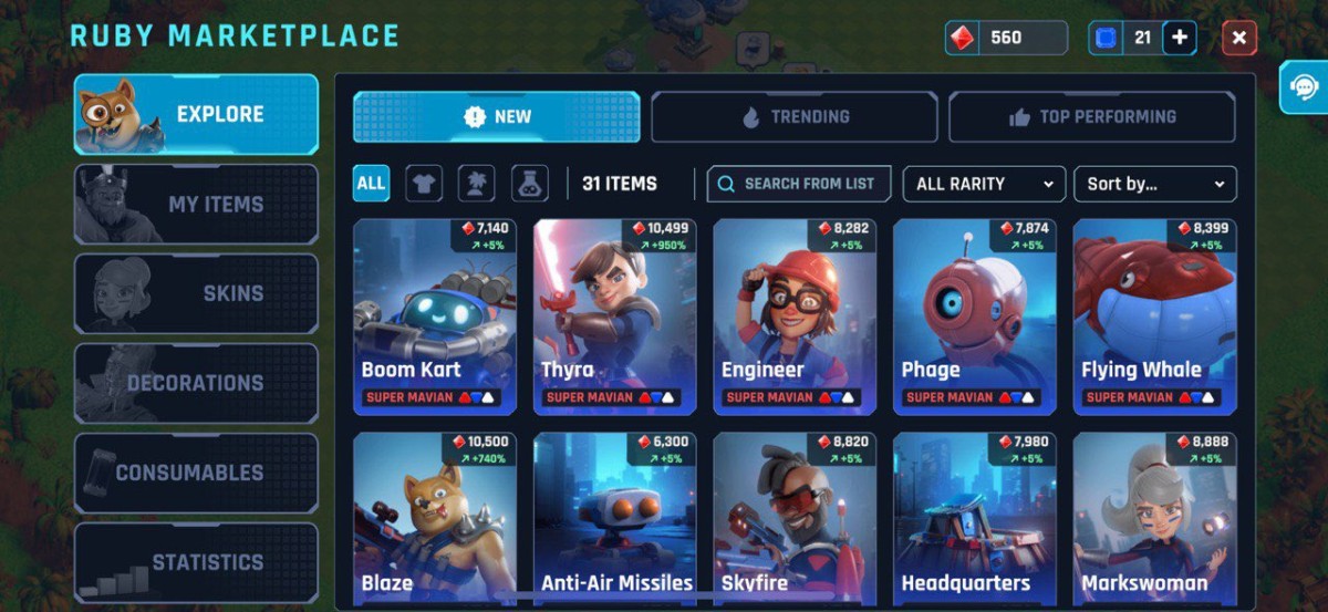 Screenshot of the Ruby Marketplace in Heroes of Mavia.