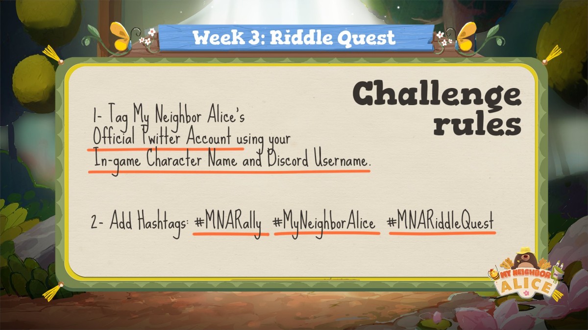 Image of the Riddle Quest sourced from My Neighbor Alice official twitter account.