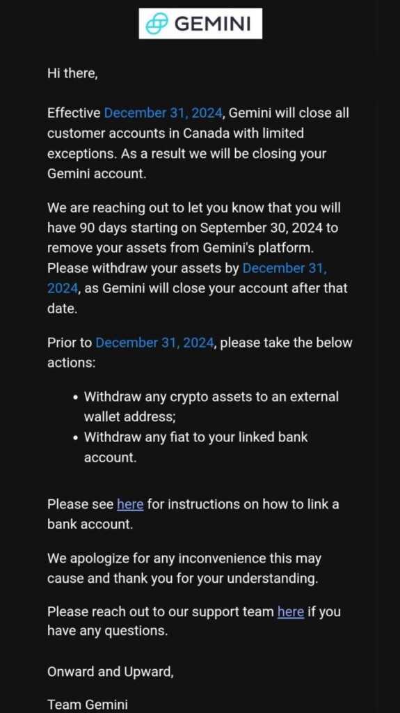 Gemini to shut down Canadia…