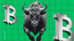 Bitcoin logo and a bull in the background