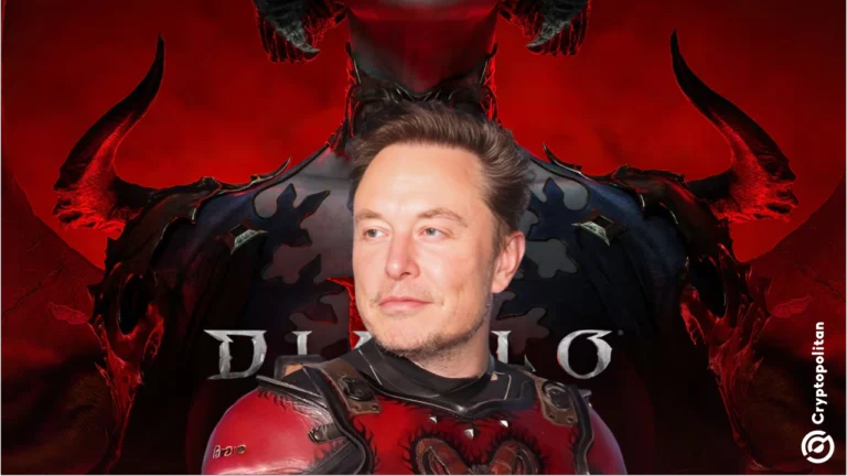 Un'immagine che mostra Elon Musk con la copertina di Diablo sullo sfondo