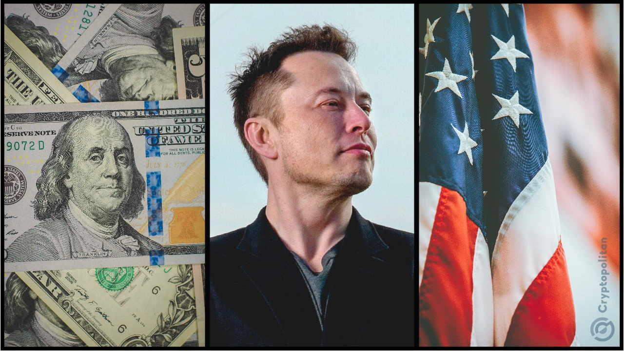 Elon Musk, bandera de Estados Unidos y dólar.