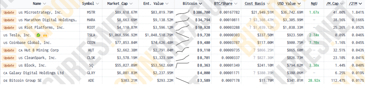 MicroStrategy y MARA Holdings son los 2 principales compradores de BTC, aunque muchos mineros y corporaciones tienen reservas de BTC a largo plazo.