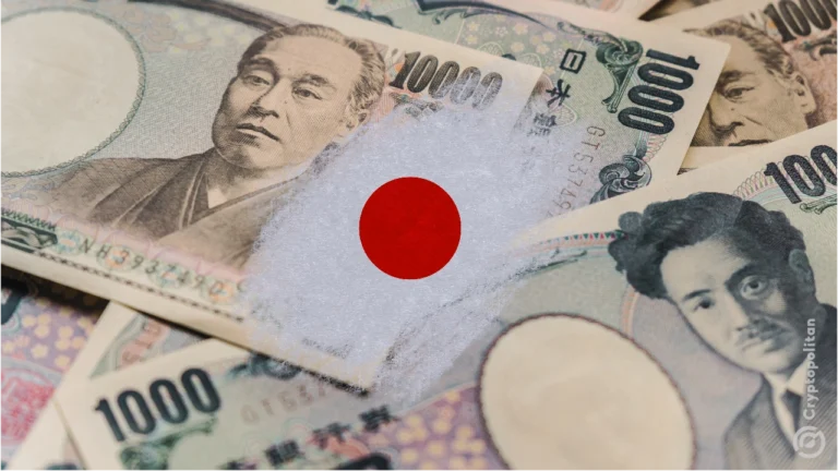 Japanische Flagge vor dem Hintergrund der japanischen Währung JPY