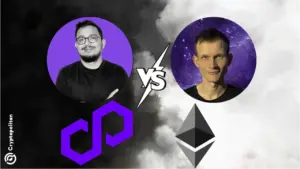 Graphic of Polygonโs Sandeep Nailwal and Ethereum's Vitalik Buterin, logos of Polygon and Ethereum and a versus icon