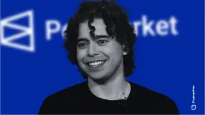Polymarket CEO Shayne Caplan and Polymarket logo in the background