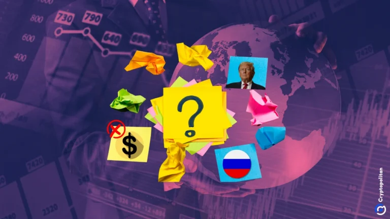 Donald Trump, il simbolo del dollaro, la bandiera russa e l'economia globale