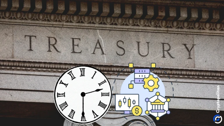 财政部大楼的图片、滴答作响的时钟以及代表经济的图标。