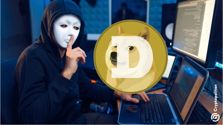 Graphic with a masked hacker and Dogecoin icon