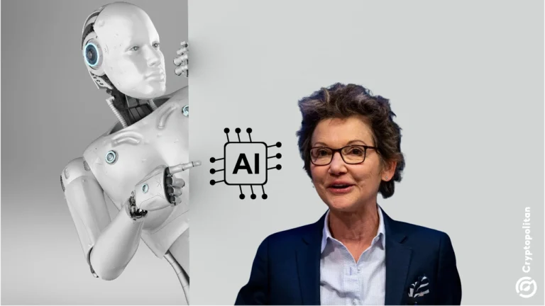 صورة لرئيسةdent الفيدرالي في سان فرانسيسكو، ماري دالي، وروبوت ذكاء اصطناعي بشري في الخلفية