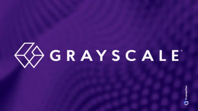 Il logo di Grayscale su uno sfondo viola fantasia