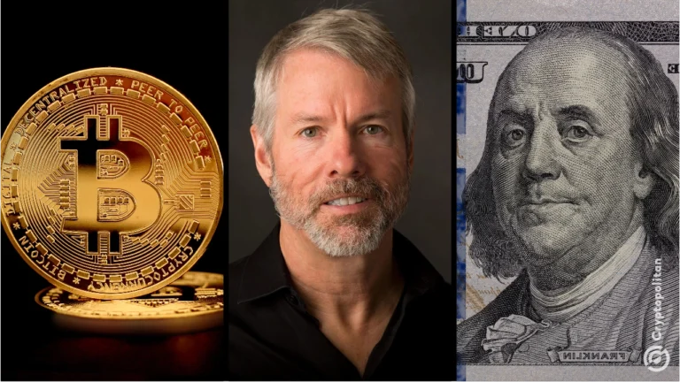 Фотосетка с изображением Bitcoin, соучредителя MicroStrategy Майкла Сэйлора и доллара США