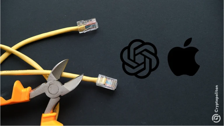 رسم بياني يضم شعاري OpenAI و Apple مع كابلات وكماشة على اليسار