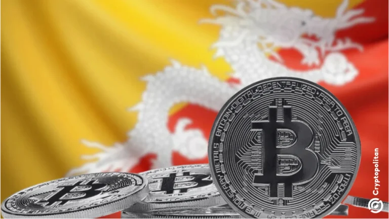 Graphic with Bitcoin coins and the Royal Government of Bhutan's flag in the background