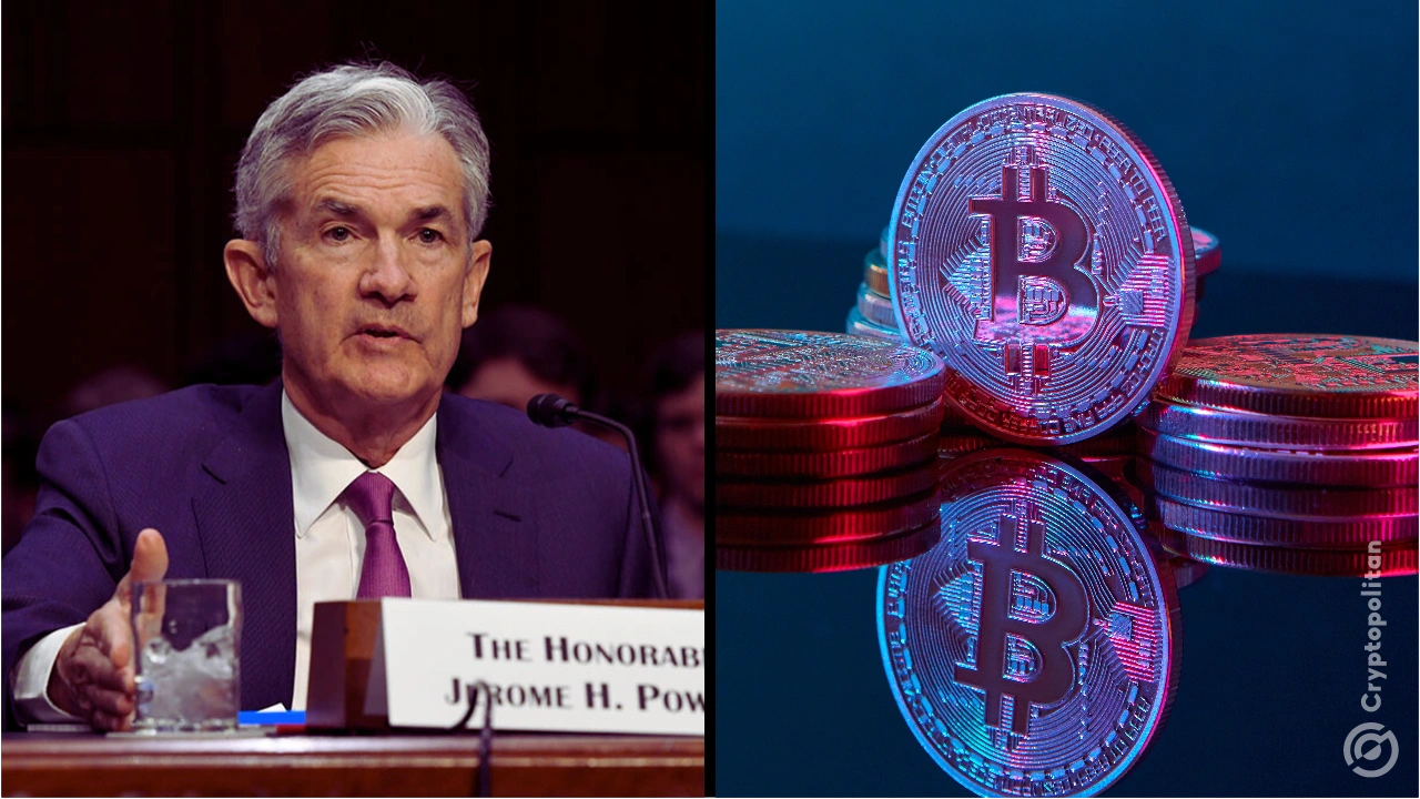 Photo grid of Federal Reserve chairman Jerome Powell and a Bitcoin image