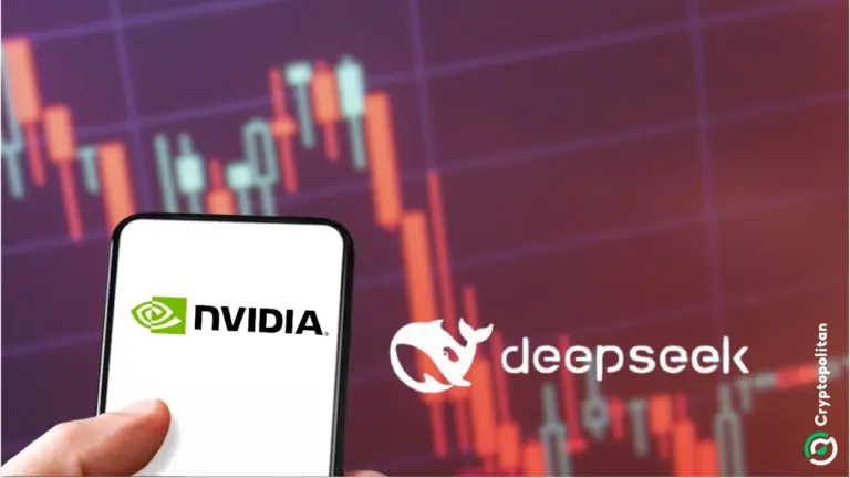 株価ダンプチャートの背景にDeepseekのロゴとNVIDIAのロゴ