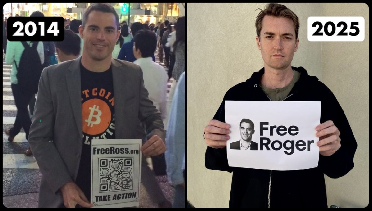Roger Ver tenant une pancarte où l'on peut lire « FreeRoss.org » en 2014, aux côtés de Ross Ulbricht tenant une pancarte où l'on peut lire « FreeRoger » en 2025