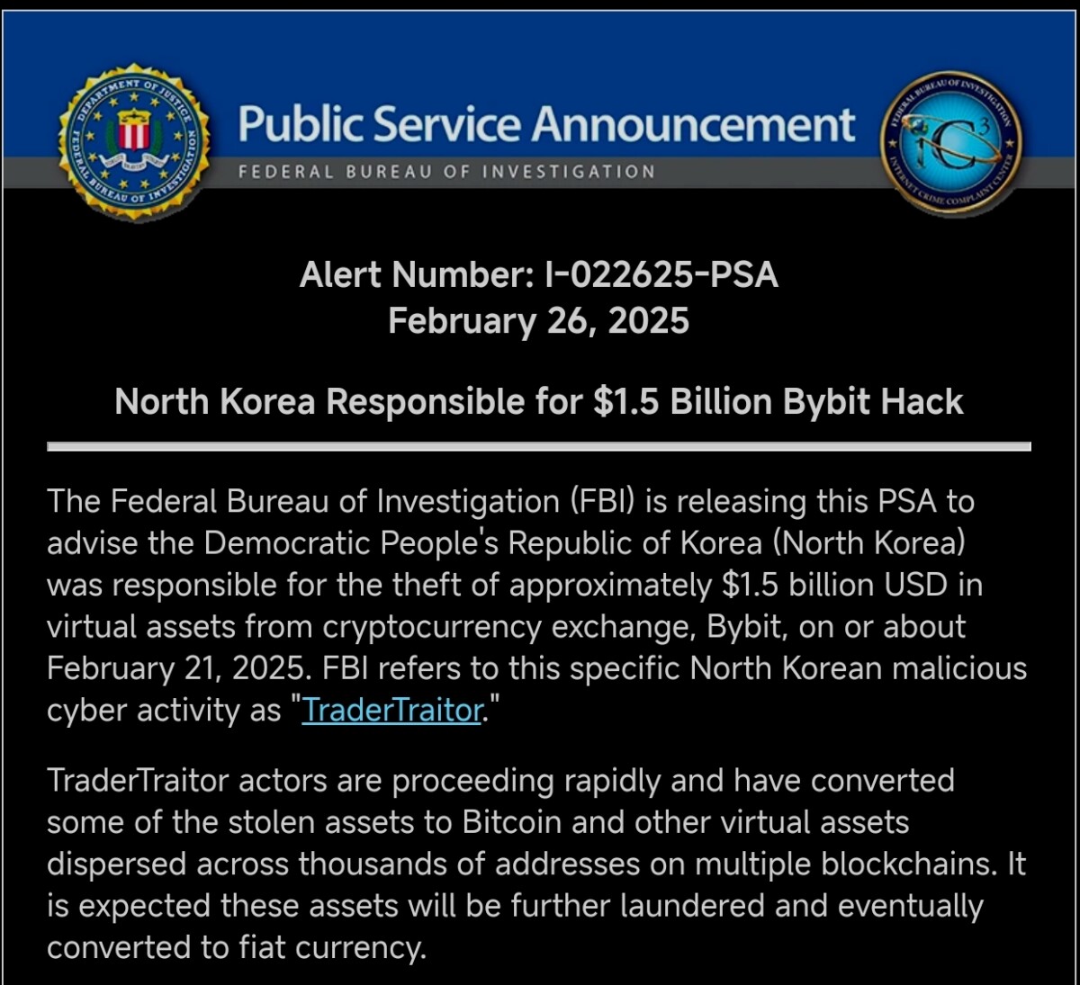 O FBI divulgou um anúncio de serviço público (PSA) ligando a Coreia do Norte ao ataque hacker à Bybit