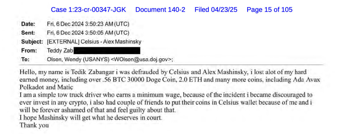 Excerpt from the victim's letter submitted to the New York Court.