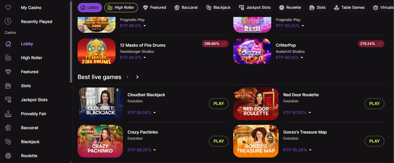 Игры Cloudbet с указанием коэффициента RTP