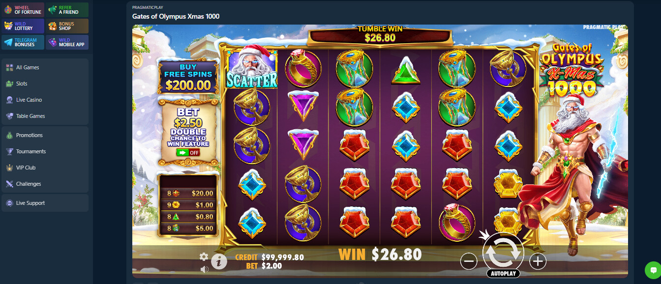 Играю в Gates of Olympus Xmas 1000 на Wild.io