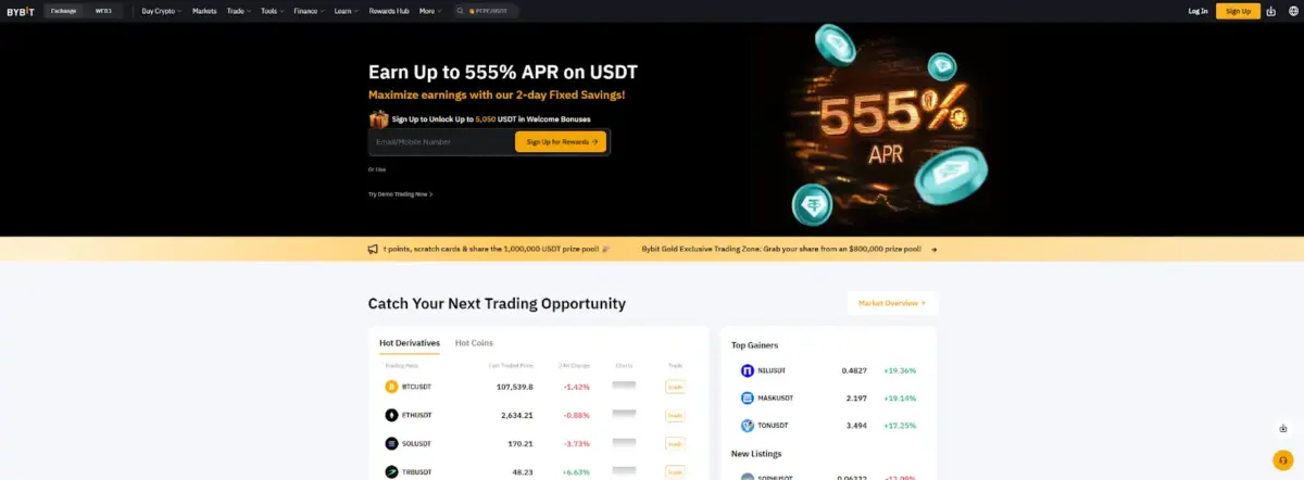 Homepage di Bybit, il miglior exchange per il trading di derivati
