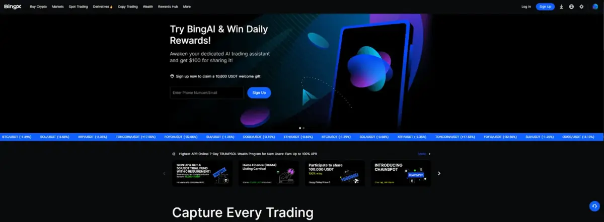 Homepage di BingX, il miglior exchange per il copy trading