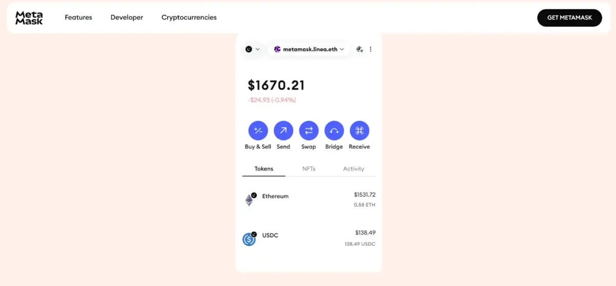 Homepage di MetaMask con l'interfaccia utente del portafoglio