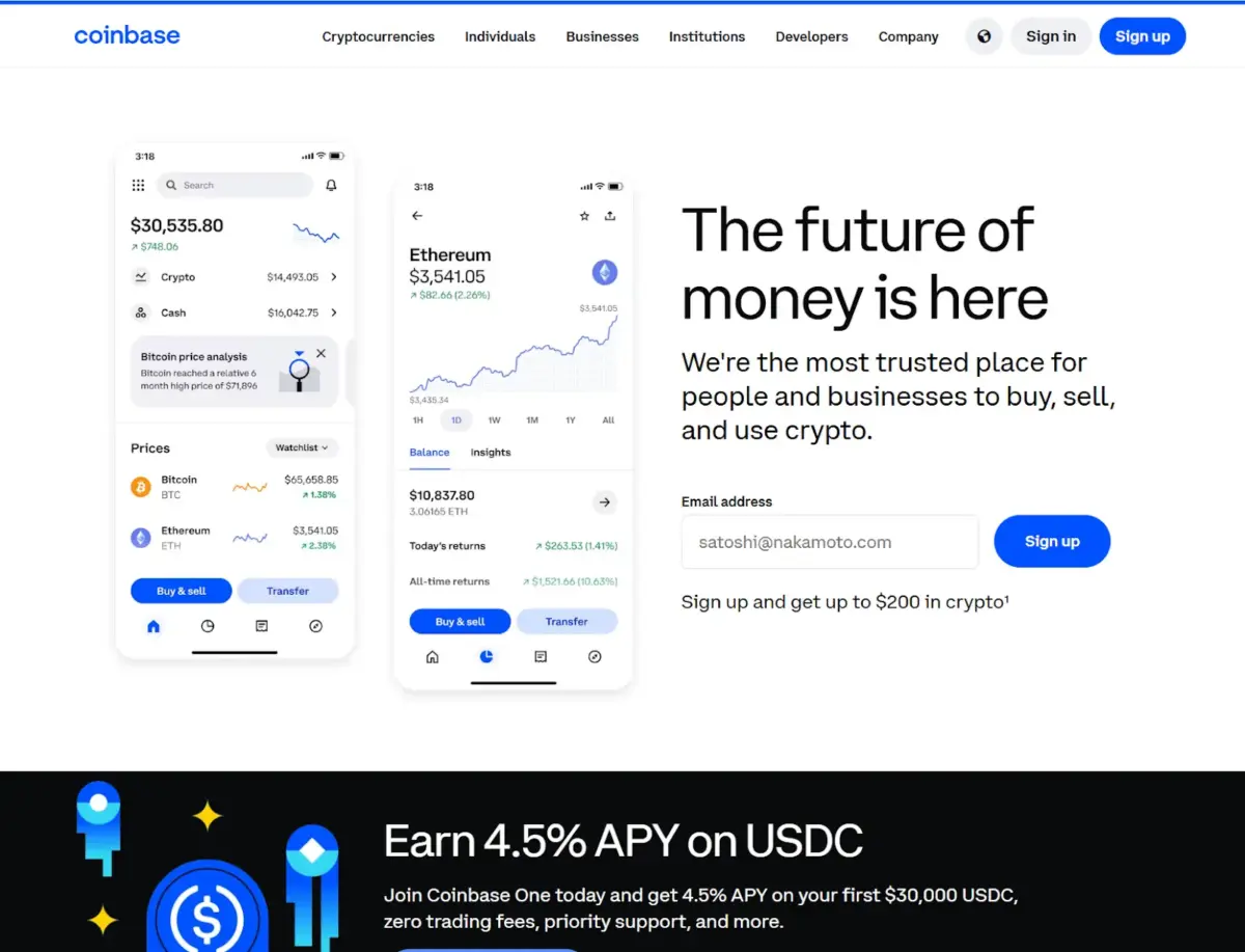 Screenshot con la homepage di Coinbase