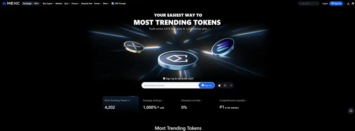 Screenshot della homepage di MEXC, ideale per acquistare Bitcoin senza KYC