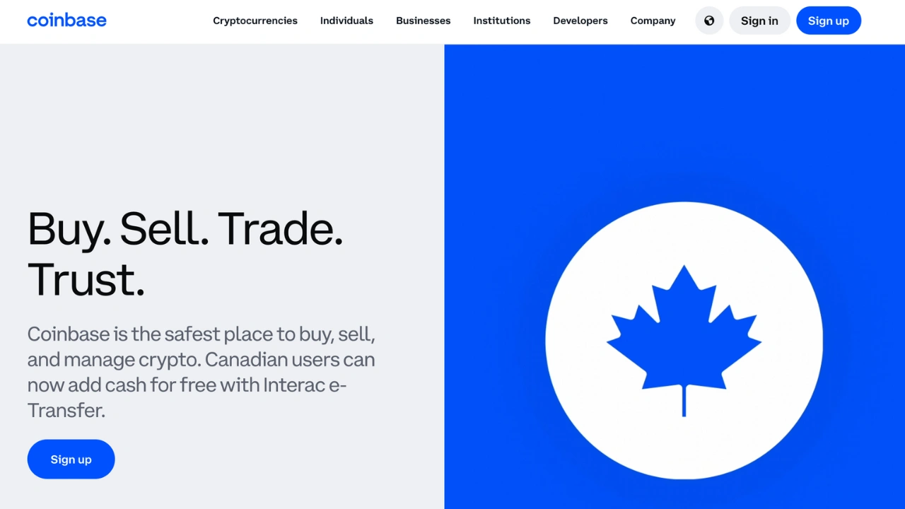 Sitio web de Coinbase Canadá.