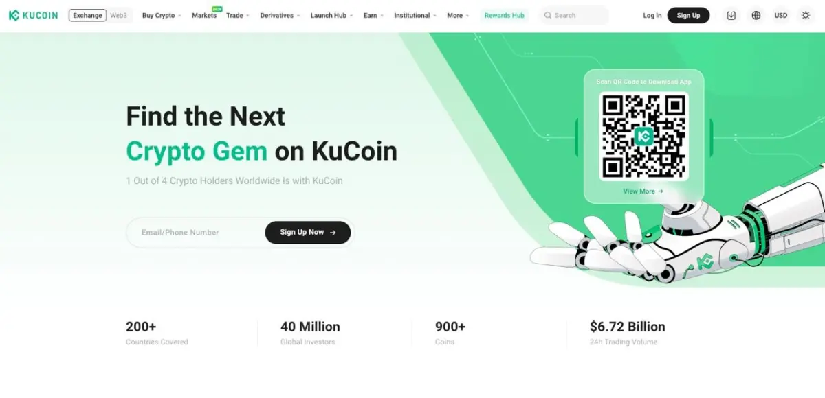 الصفحة الرئيسية لـ KuCoin تسلط الضوء على شعارها "اعثر على جوهرة العملات المشفرة التالية"، مع رمز الاستجابة السريعة لتنزيل التطبيق، ورسم توضيحي ليد آلية، وإحصائيات تُظهر أكثر من 900 عملة، و40 مليون مستخدم، و6.72 مليار دولار في حجم التداول على مدار 24 ساعة.