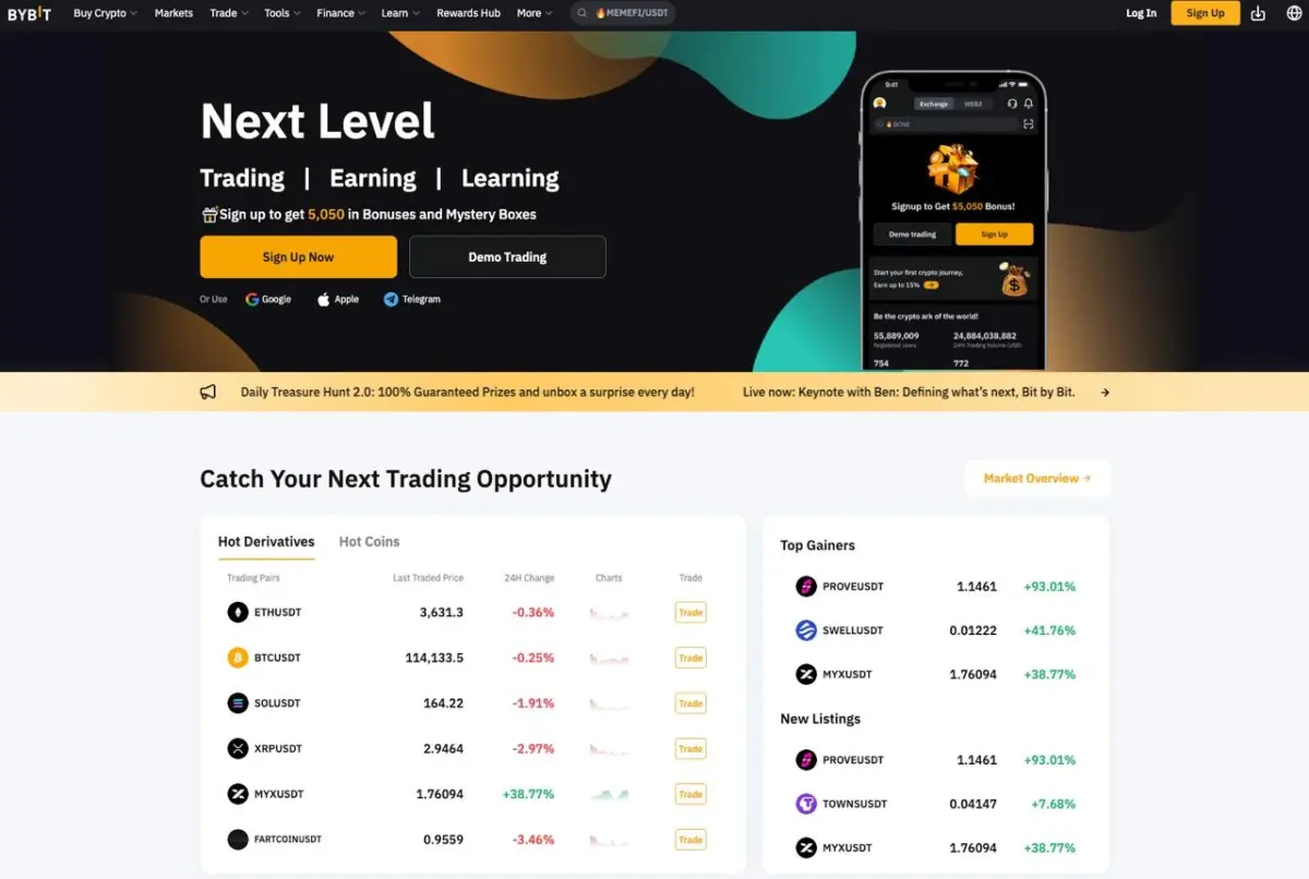 تعرض الصفحة الرئيسية لـ Bybit عرض مكافأة التسجيل، ومعاينة تطبيق الهاتف المحمول، وبيانات التداول المباشر للمشتقات الشائعة مثل ETHUSDT وBTCUSDT، بالإضافة إلى أفضل الرابحين وقوائم العملات الجديدة.