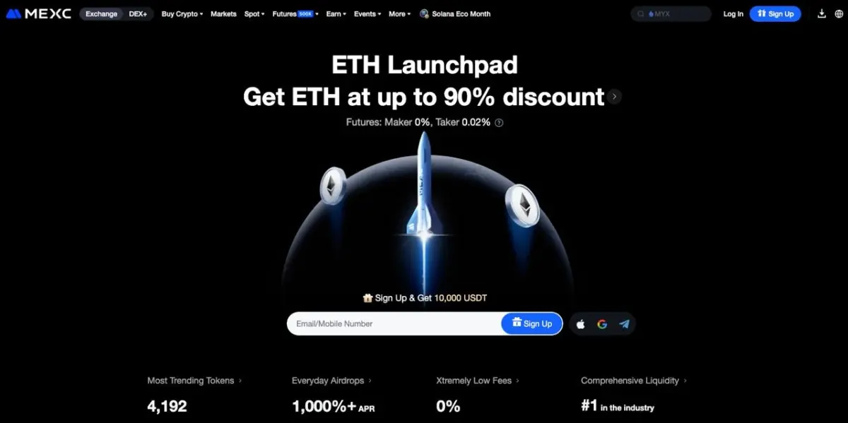  الصفحة الرئيسية لمنصة MEXC تروج لمنصة إطلاق ETH الخاصة بها مع عروض خصم تصل إلى 90%، ورسوم صانع 0%، وتصميم مستوحى من الفضاء يضم شعارات صاروخ Ethereum ، إلى جانب إحصائيات مثل 4192 رمزًا رائجًا و1000%+ من عمليات الإنزال الجوي.