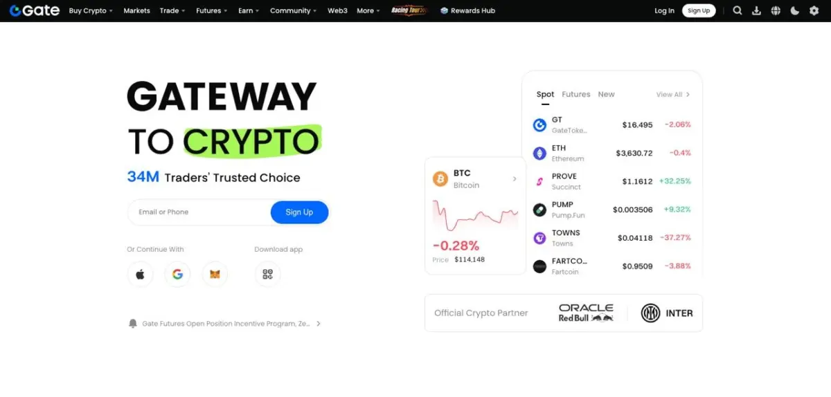 الصفحة الرئيسية لموقع Gate.io تروج لنفسها على أنها "بوابة العملات المشفرة" مع نموذج تسجيل المستخدم، وأسعار السوق الفورية للعملات مثل BTC وETH وPROVE، وشعارات الشركاء الرسميين مثل Oracle وRed Bull Racing وInter Milan.