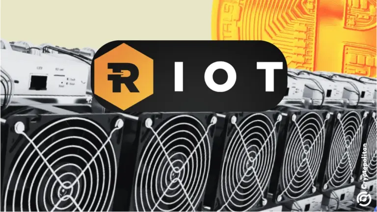 Image graphique avec le logo de Riot Platform et des plateformes de minage en arrière-plan