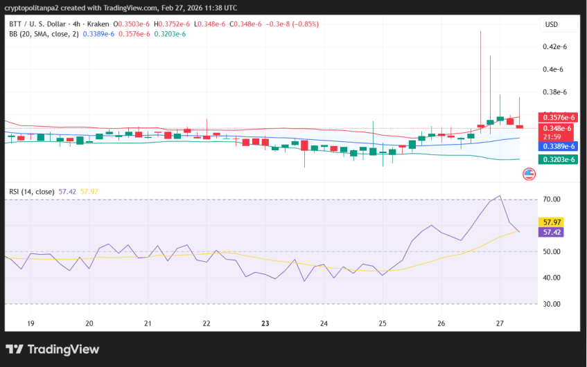 BTT/USD 4시간 가격 차트.