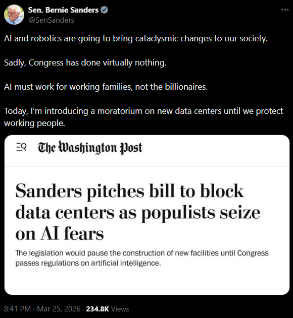 Sanders pitches bill to pause data center growth until AI is regulated.
