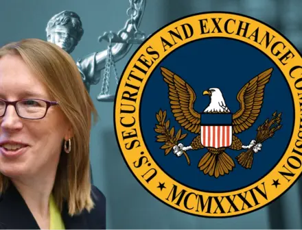Hester Peirce and SEC logo on legal background