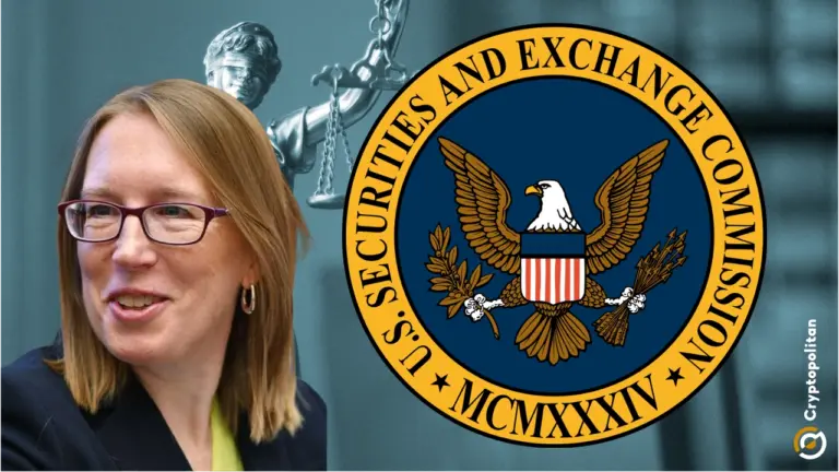 Hester Peirce et le logo de la SEC sur fond juridique