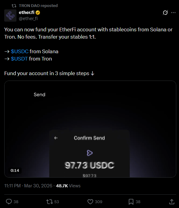 New fee-free stablecoin deposits for EtherFi.