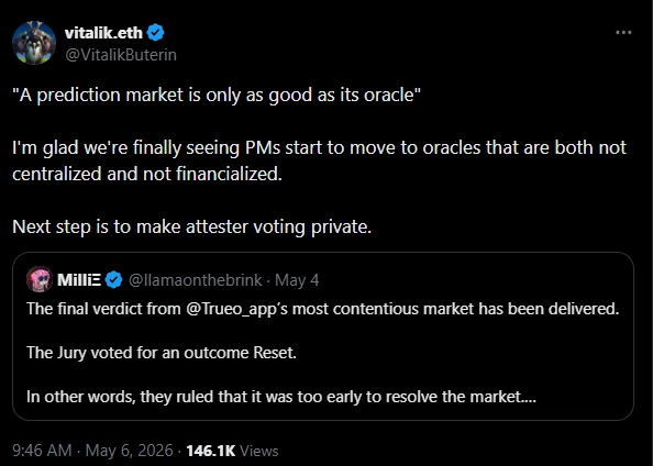 Vitalik Buterin warns that prediction markets are only as reliable as their oracles.