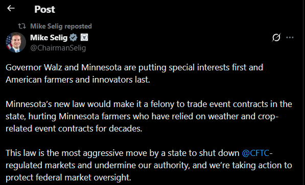 CFTC Chairman Mike Selig criticized Minnesota Governor Walz for outlawing prediction markets