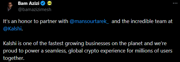 Mesh CEO Bam Azizi confirms the Kalshi partnership to streamline global crypto infrastructure.