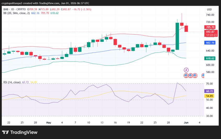 Graphique du cours BNB/USD sur 1 jour.