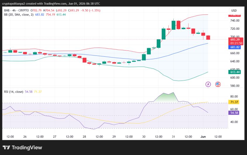 Graphique du cours BNB/USD sur 4 heures.